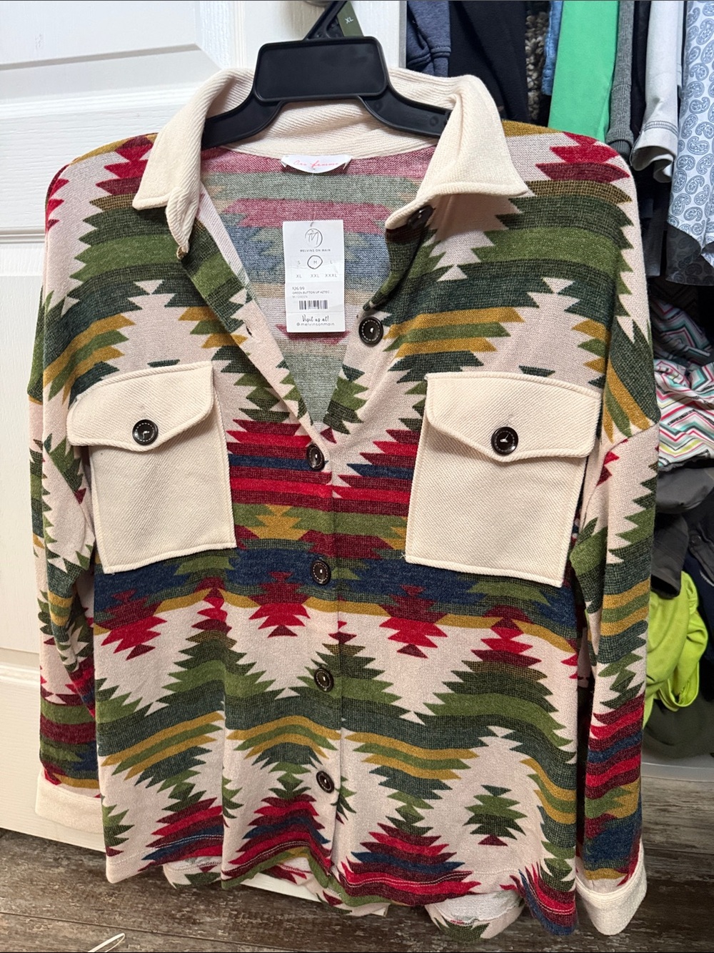 Ces Femme Aztec Print Button-Down Shirt Jacket in Cream, Green, Red